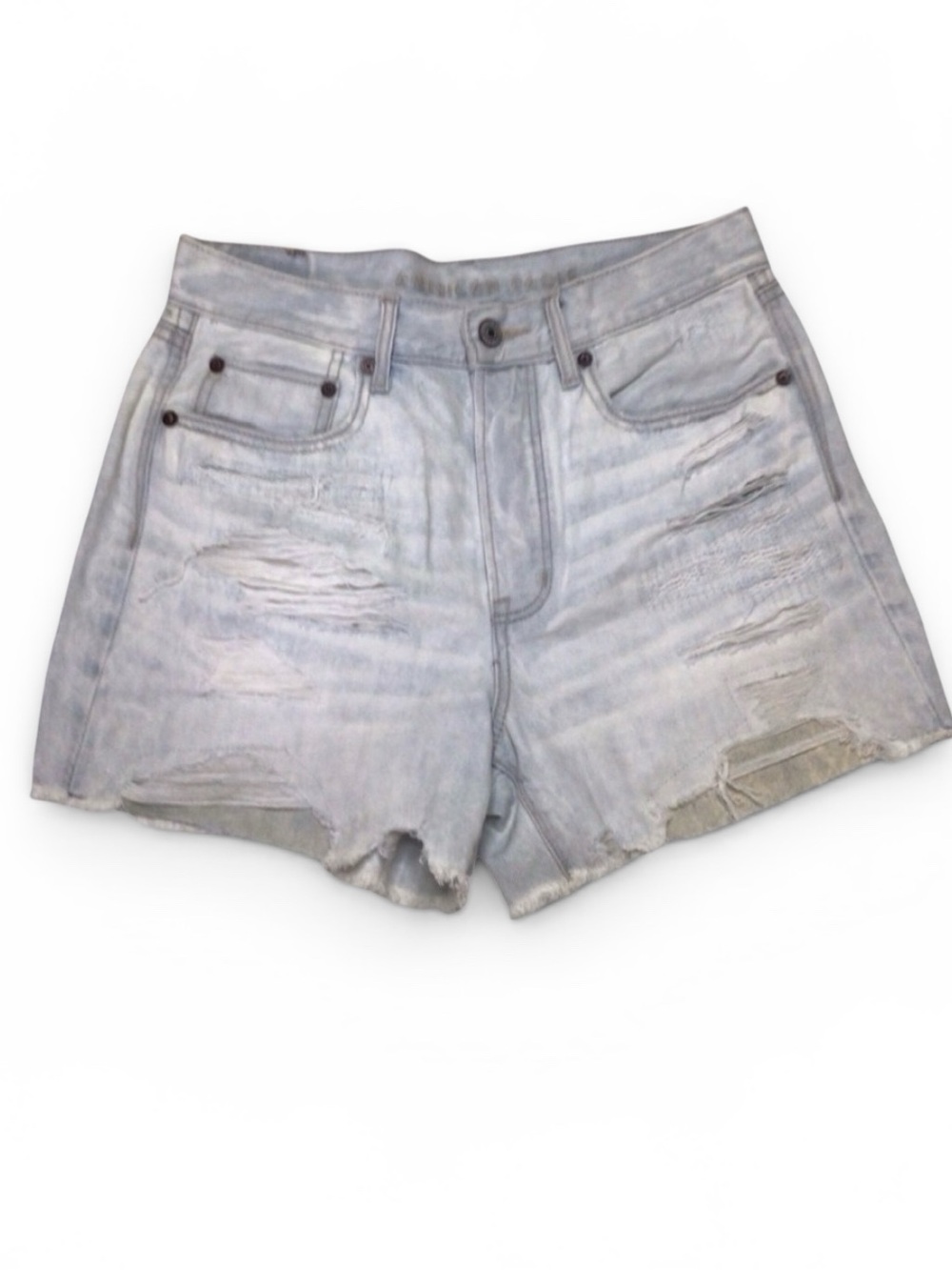 American Eagle Light Wash Distressed Denim Shorts Button Fly Raw Hem Women's